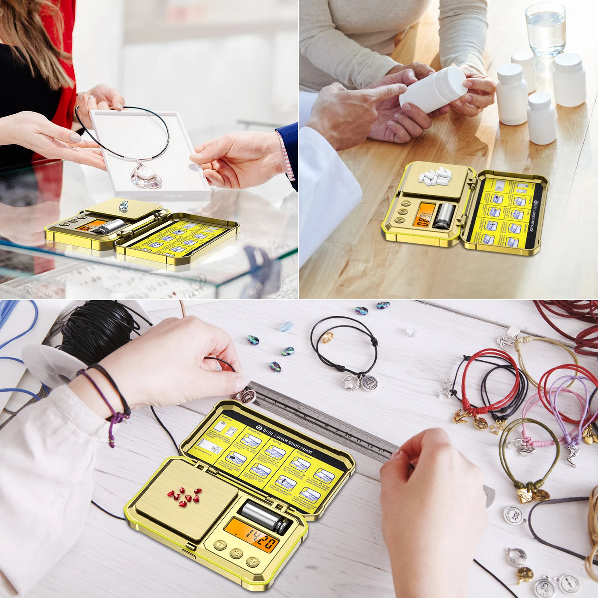 Hands are using a precision digital jewelry scale to measure small pieces of jewelry.