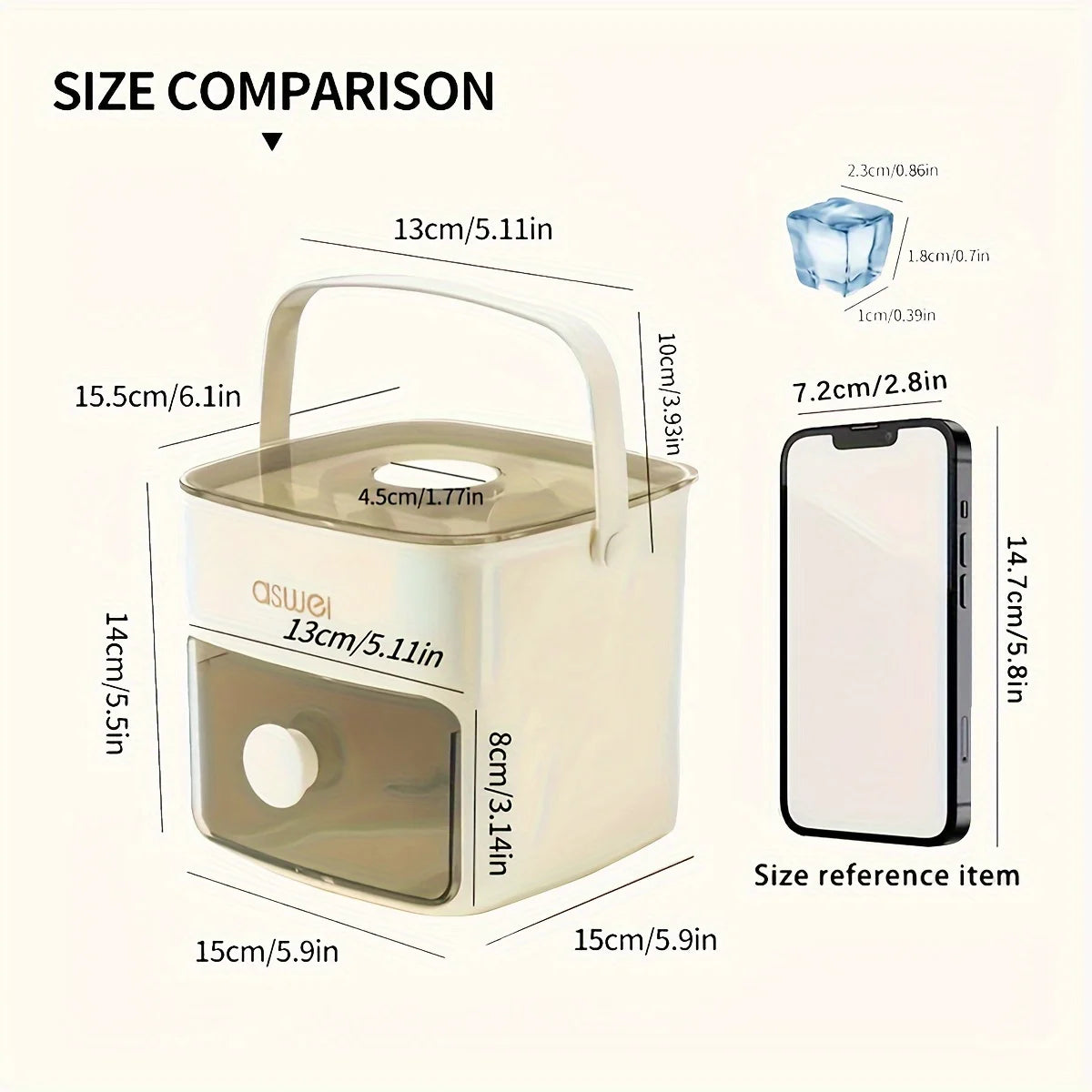 A comparison showing a small plastic container next to a smartphone and an ice cube, illustrating the size of the 48-Grid Ice