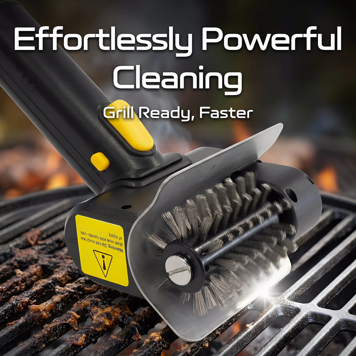 A black electric BBQ cleaning brush with a metal grill head is shown cleaning food on a barbecue grate.