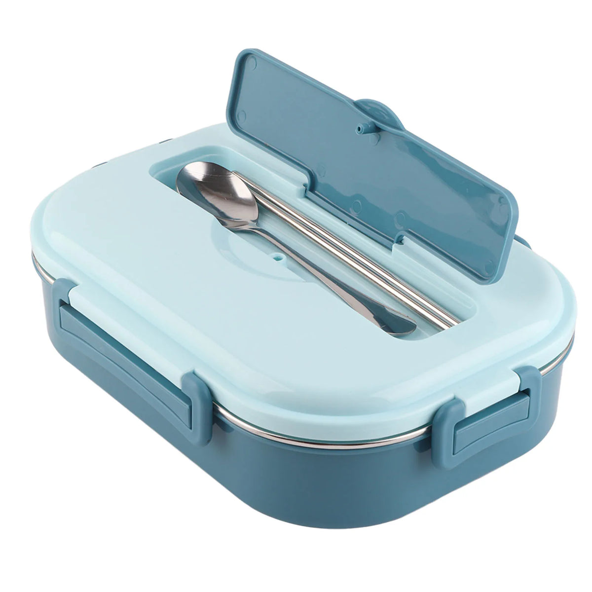 A light blue stainless steel bento lunch box with a lid open, revealing a silver spoon inside.