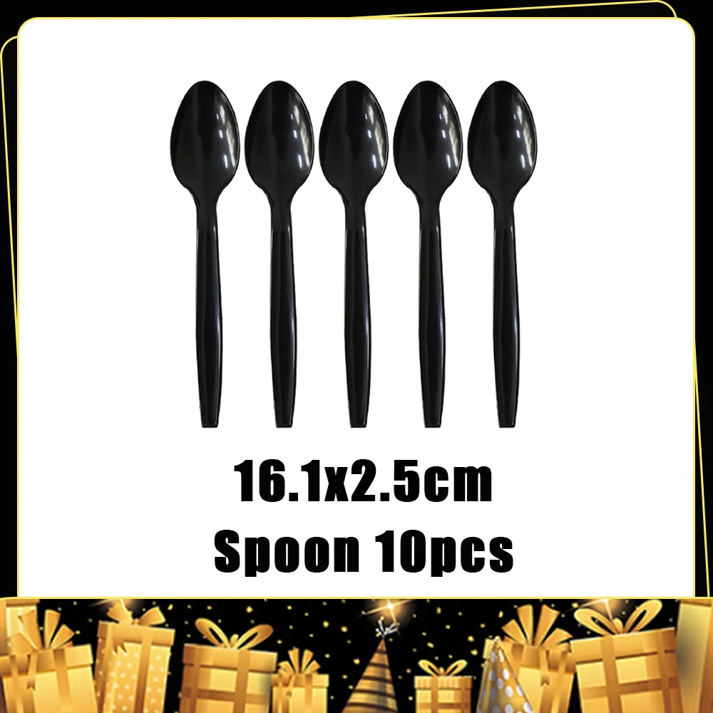 Ten black spoons with 16.1x2.5cm size for a luxury disposable party tableware set
