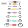 A set of eight magnetic stainless steel measuring spoons with various teaspoon and tablespoon sizes.