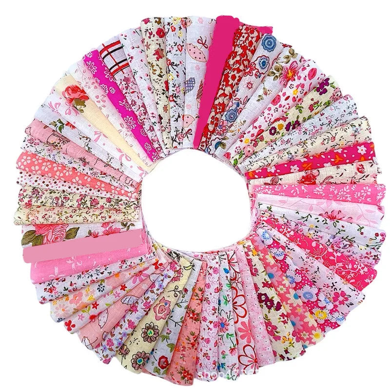 A circular display of square printed cotton fabric in various floral and patterned colors.