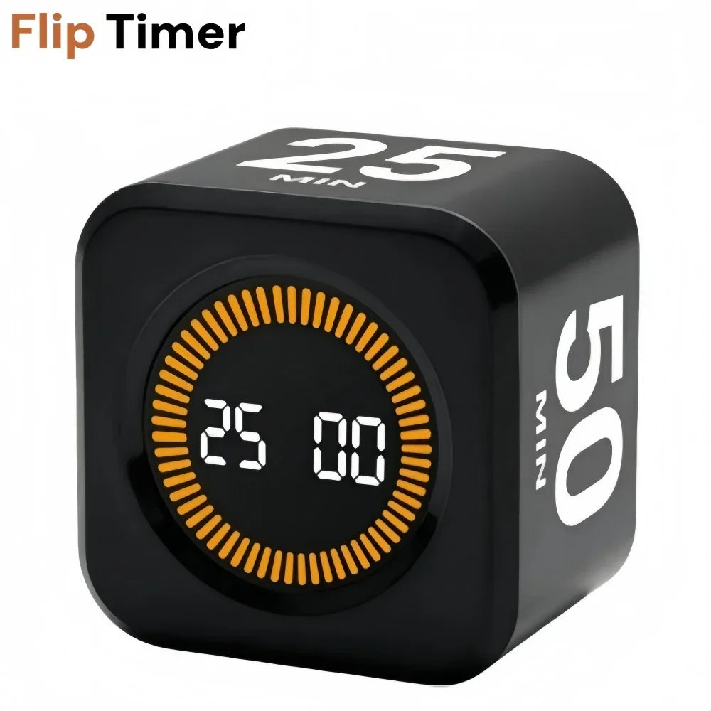 A black flip timer device with a digital display showing 25:00 minutes.