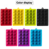 A set of six colorful silicone ice cube trays for baking and cooling in red, yellow, green, black, pink, and blue.