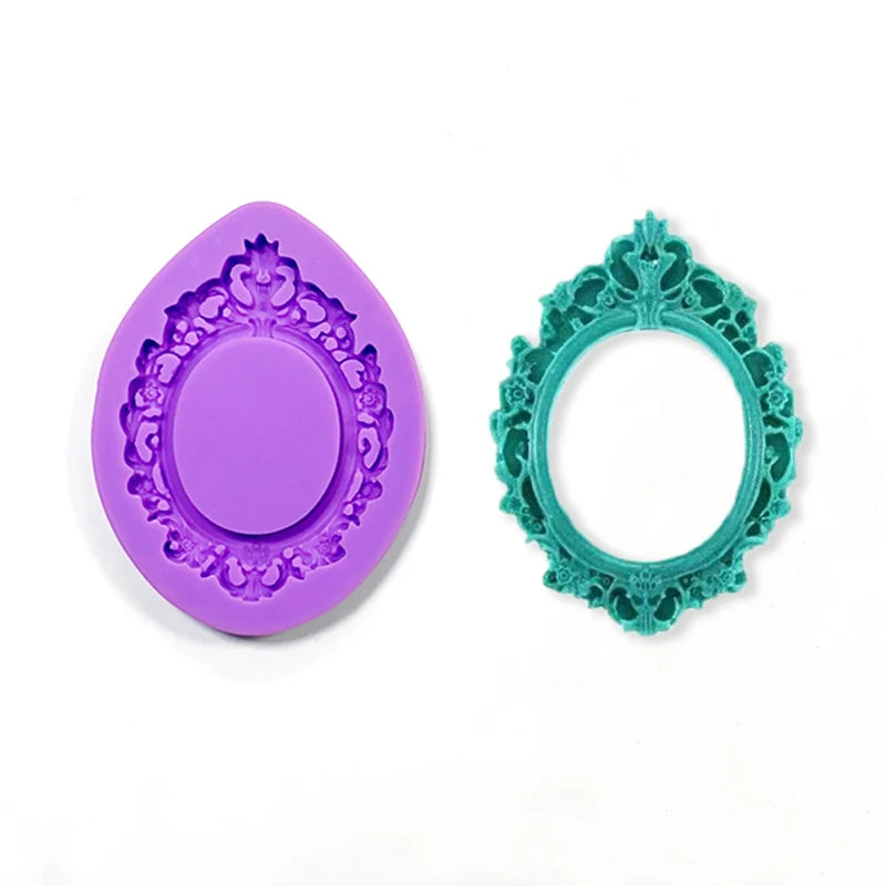 A purple silicone cake decoration mold set showing a disc and a circular wreath mold.