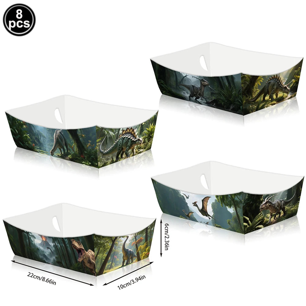 A set of eight dinosaur-themed cupcake toppers in a green and dark foliage design.