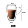 A clear double-wall glass drinking cup filled with brown liquid, shown from the side.