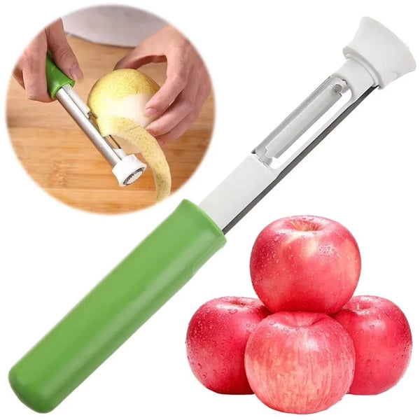 Grüner und silberner 2-in-1 Edelstahl-Obstkernentferner und Schäler mit einem Apfel.