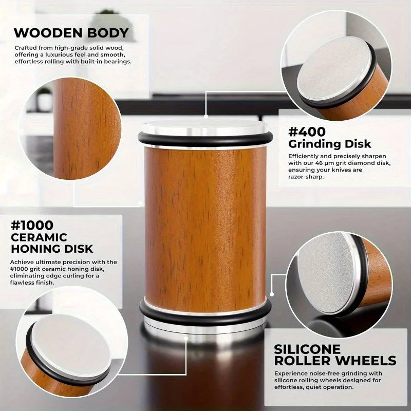 A wooden body knife sharpener with a grinding disk and silicone roller wheels shown in various angles.