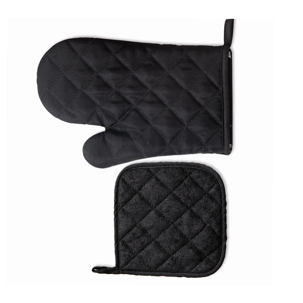 Black quilted heavy-duty oven and baking mitts with a long handle