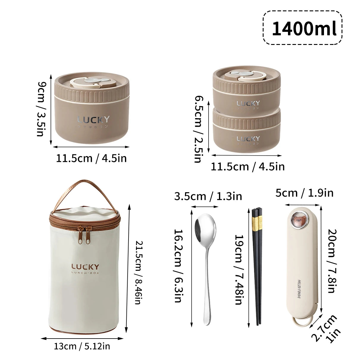 A beige portable stackable thermal lunch box shown with various dimensions and components.