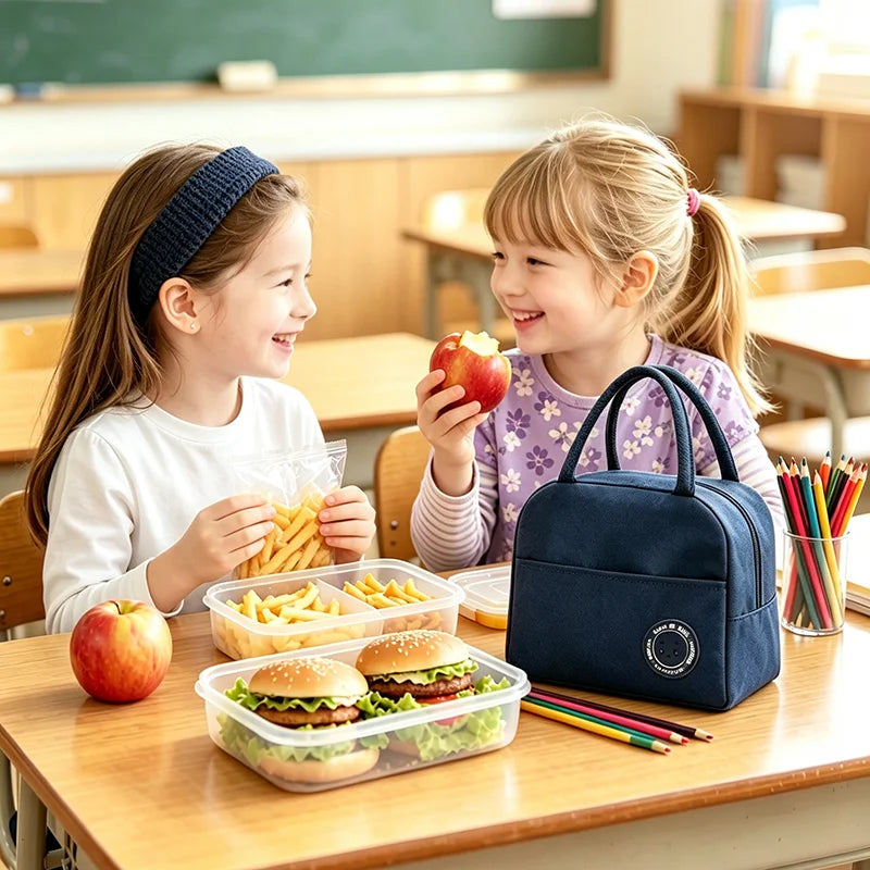 Two young girls smiling while eating lunch from an insulated bento box on a wooden table.