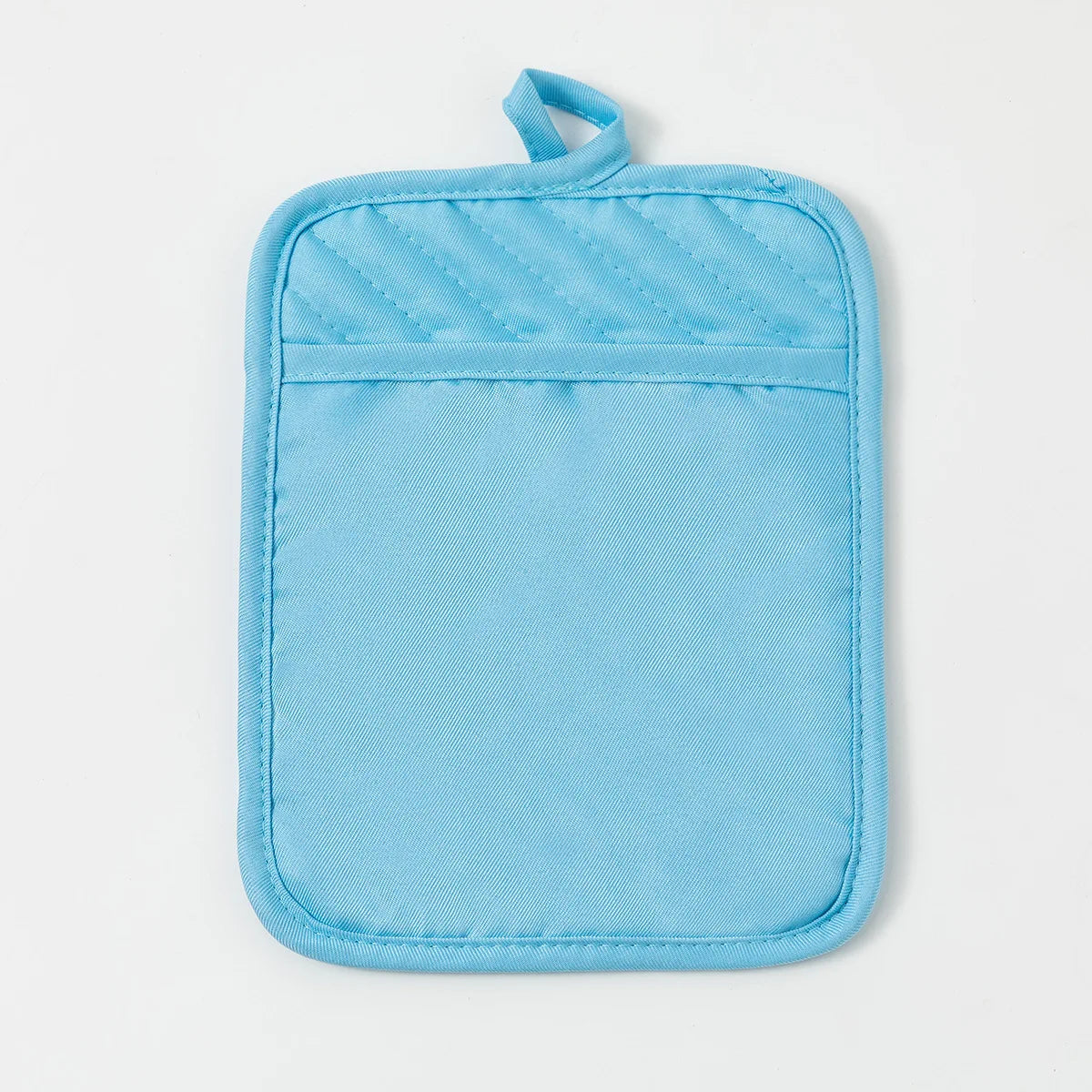 Light blue quilted silicone oven cooking pad with a loop handle