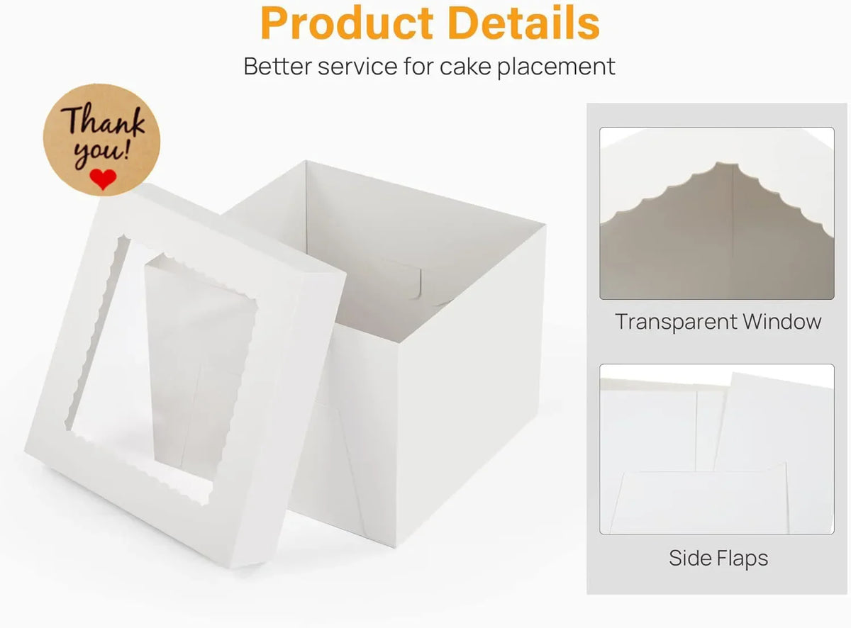 White square window cake boxes with transparent windows and side flaps for cake placement