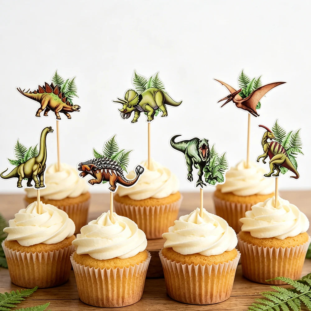 A set of dinosaur-themed cupcake toppers featuring various dinosaur silhouettes on sticks.