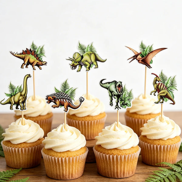 A set of dinosaur-themed cupcake toppers featuring various dinosaur silhouettes on sticks.