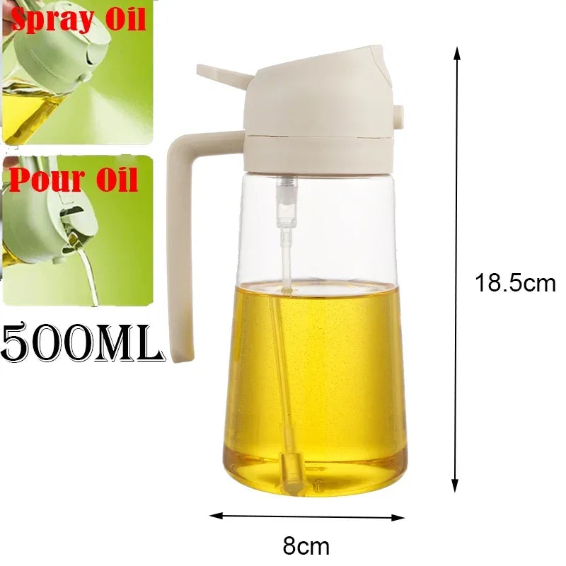 A clear glass oil spray bottle with a white pump dispenser, filled with yellow cooking oil.