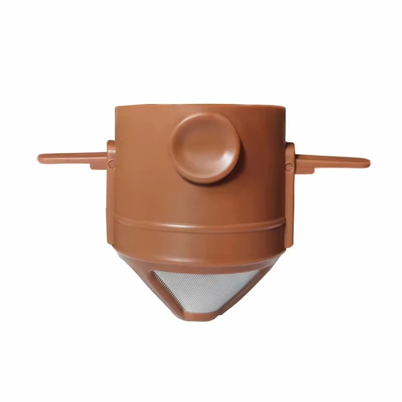 Filtro de café de acero inoxidable plegable marrón con tapa de cúpula y fondo de malla.