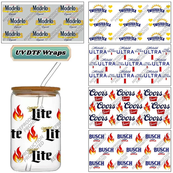 UV DTF transfer decals for glass cans featuring various designs including a yellow crown and fruit graphics