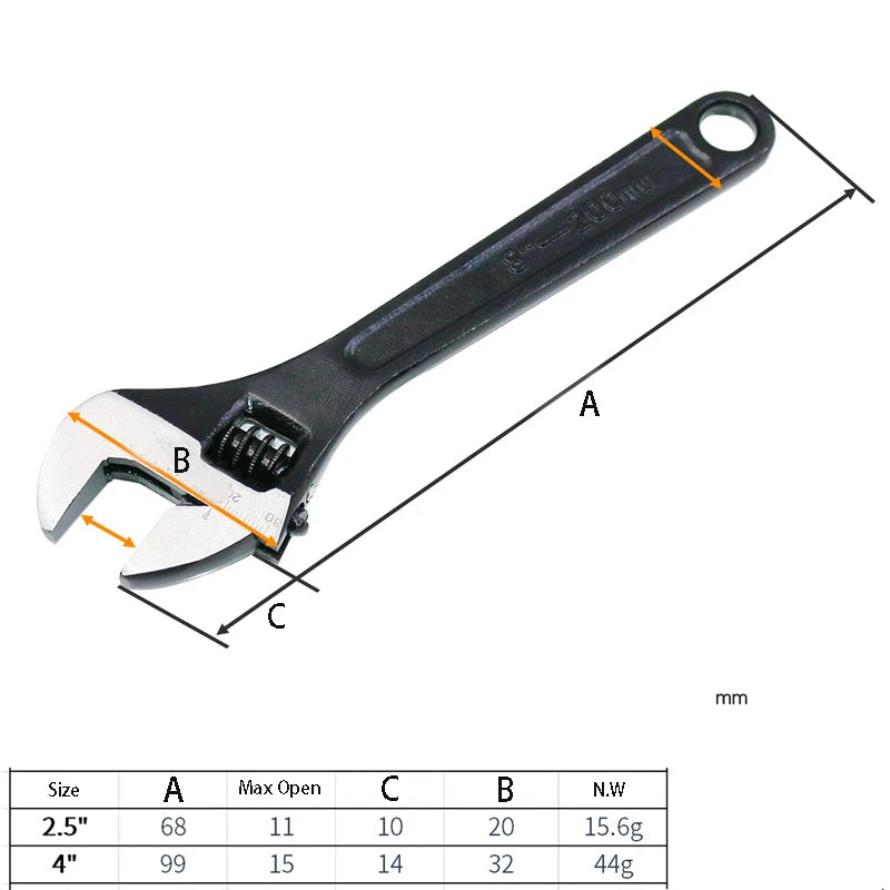 A black compact mini adjustable spanner wrench set showing dimensions and specifications for 2.5" and 4" sizes.