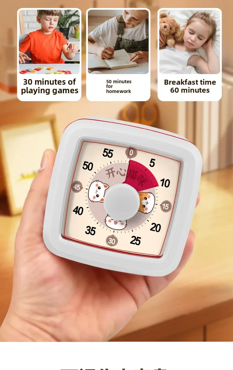 A hand holds a white visual countdown timer with a pink and orange dial showing time remaining.