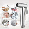 A handheld stainless steel bidet sprayer set shown with various cleaning applications.
