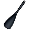 A black heat resistant silicone stirring spoon with a long handle.