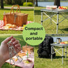 A foldable stainless steel steaming rack is shown in various outdoor cooking contexts, including on a picnic table and next t