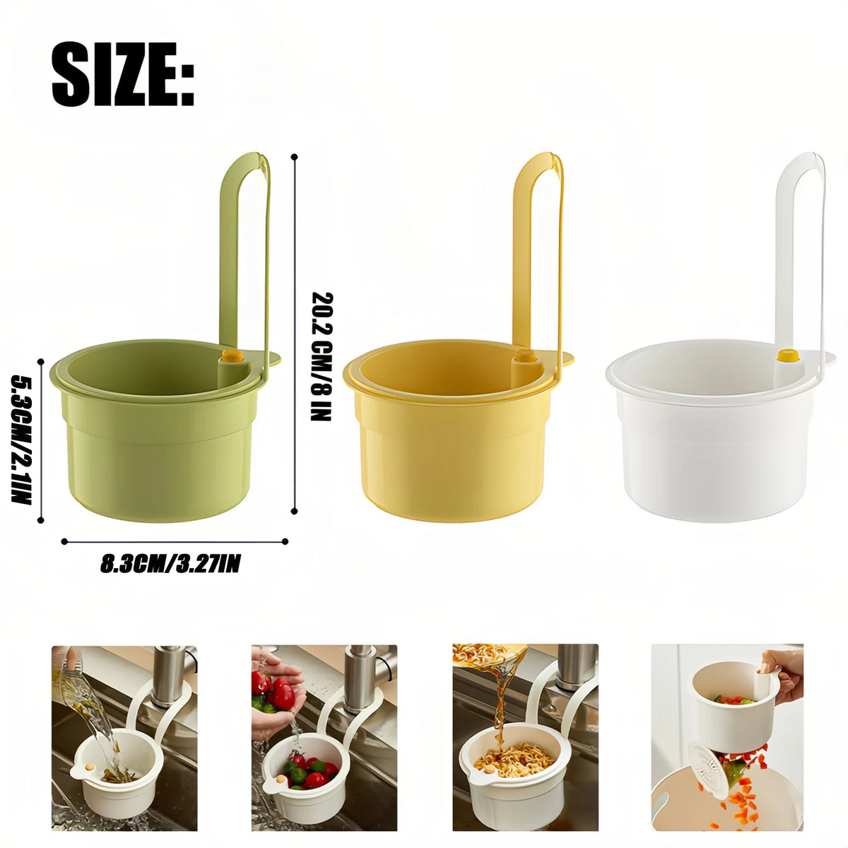 Three sizes of faucet hanging kitchen strainer baskets in green, yellow, and white.