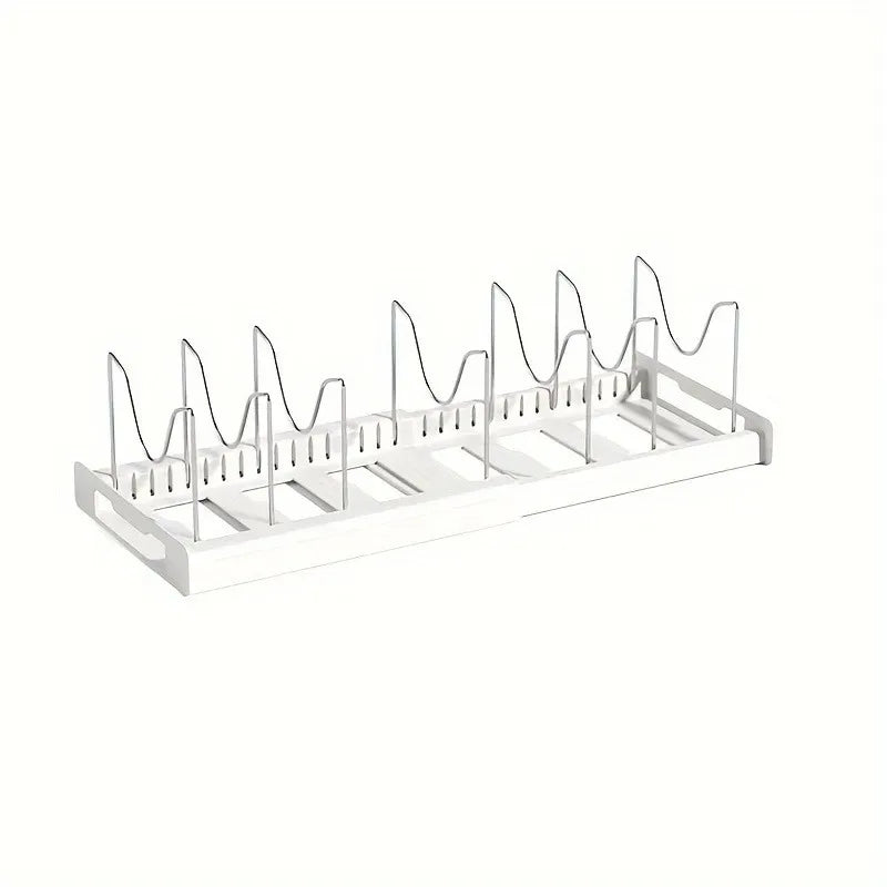White expandable kitchen cabinet organizer with adjustable divider rack for storage
