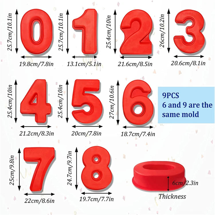A set of red 3D large number cake molds from zero to nine, showing various sizes and thicknesses.