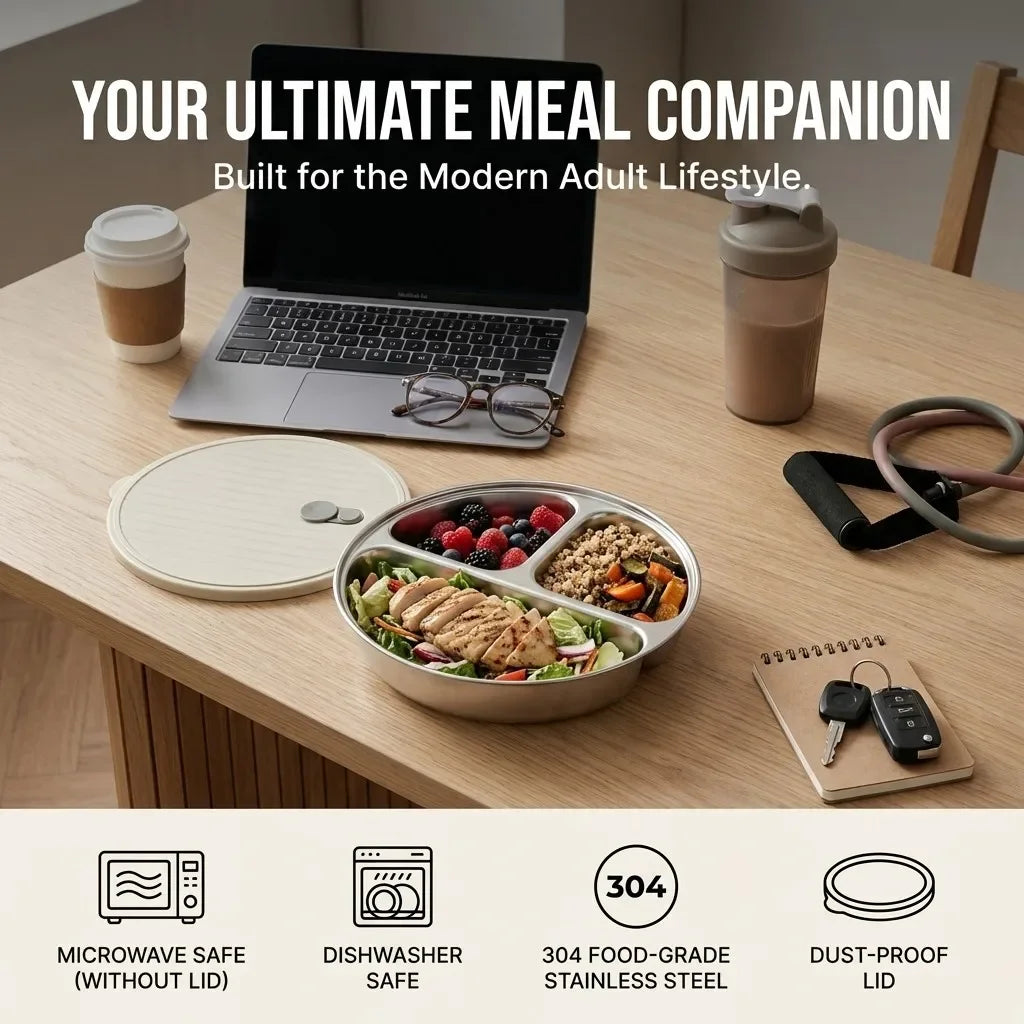 A set of stackable stainless steel divided dinner plates with lids displayed on a wooden table next to a laptop and drink cup