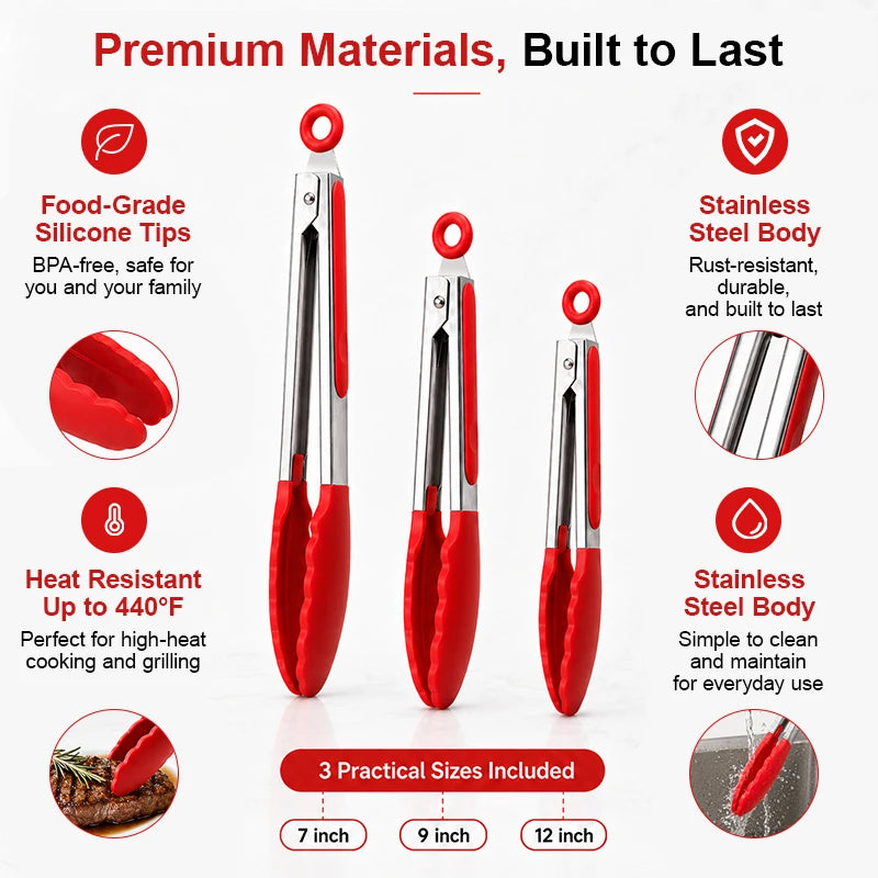 A set of three heat-resistant silicone and stainless steel kitchen tongs in red and silver colors.