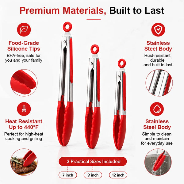 A set of three heat-resistant silicone and stainless steel kitchen tongs in red and silver colors.