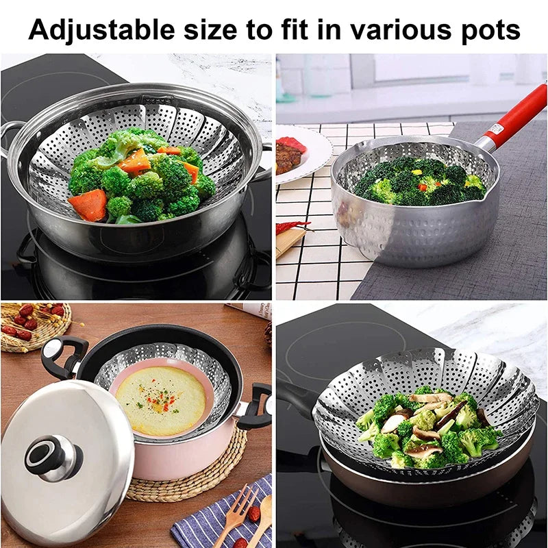 Adjustable stainless steel steamer basket used for cooking vegetables in various pots.