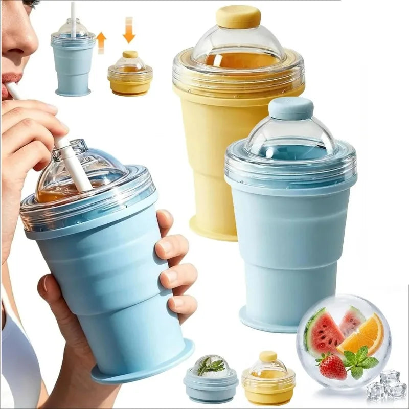 A set of blue silicone ice ball makers and tumblers with yellow lids and a glass bowl of fruit.