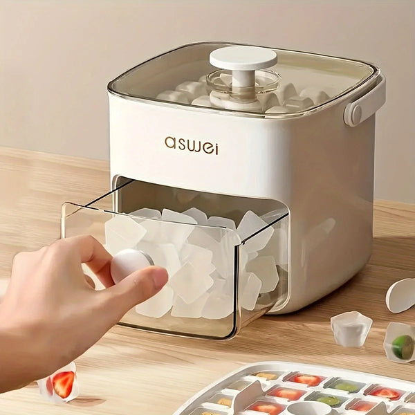 A hand is shown placing ice cubes into a clear compartment of a white 48-grid ice cube maker with a double layer design.