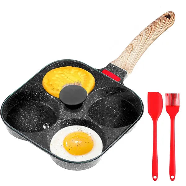 A black nonstick omelette pan with a wooden handle and lid, showing a cooked yellow omelette.