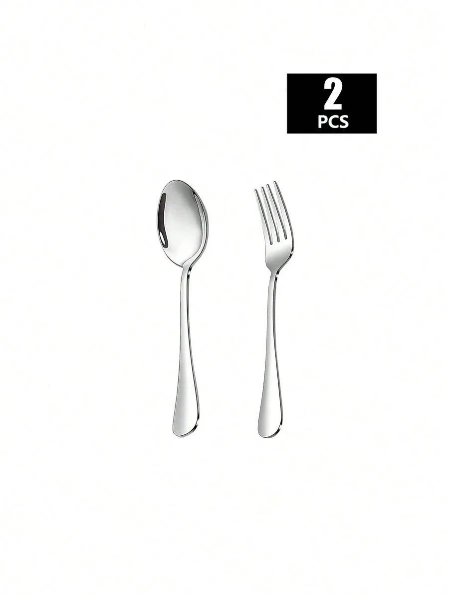 A set of two stainless steel dining utensils, including a spoon and a fork.