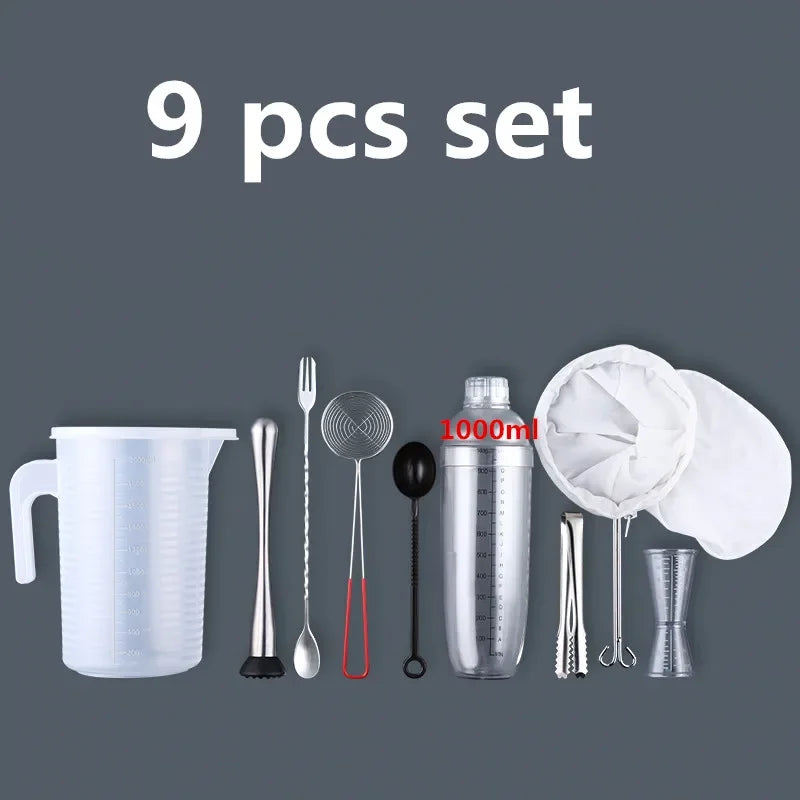 A set of nine plastic cocktail shaker tools including a pitcher, spoons, and muddler.