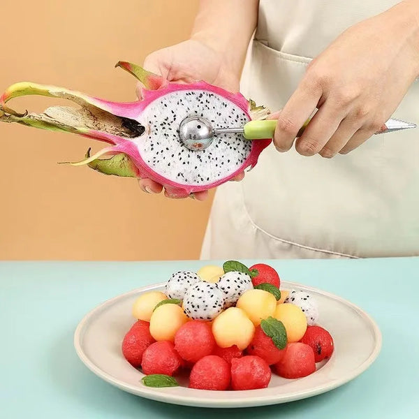 A hand is using a melon slicer tool to cut a watermelon, with sliced fruit arranged on a plate.