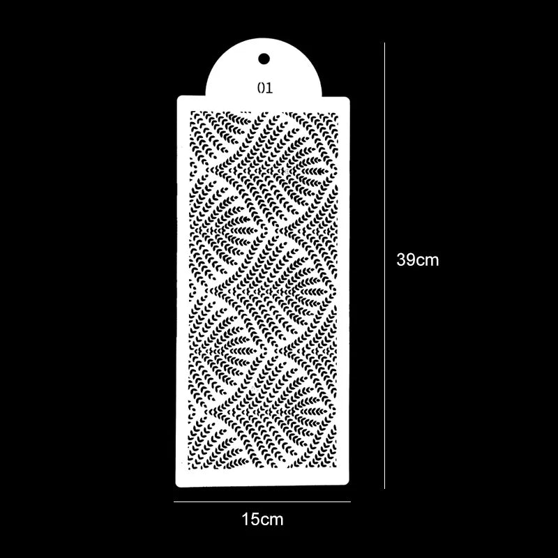 A white plastic cake stencil with a decorative, repeating pattern is shown against a black background.