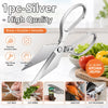 Silver multi-tool kitchen knife set showing various uses like cutting meat herbs seafood and packaging