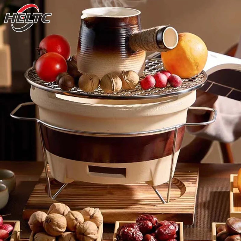 A round stainless steel BBQ grate net is shown with a cup of coffee and a lemon on top.