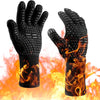 A pair of black heat resistant silicone BBQ and oven mitts with orange flame graphics.