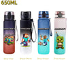 Five colored insulated sports water bottles featuring Minecraft characters and branding.
