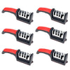 A set of four manual knife sharpeners with red and black handles and multiple sharpening rods.