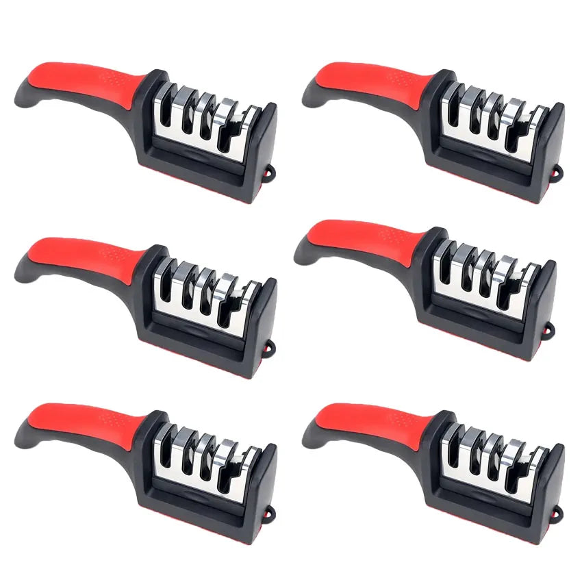 A set of four manual knife sharpeners with red and black handles and multiple sharpening rods.
