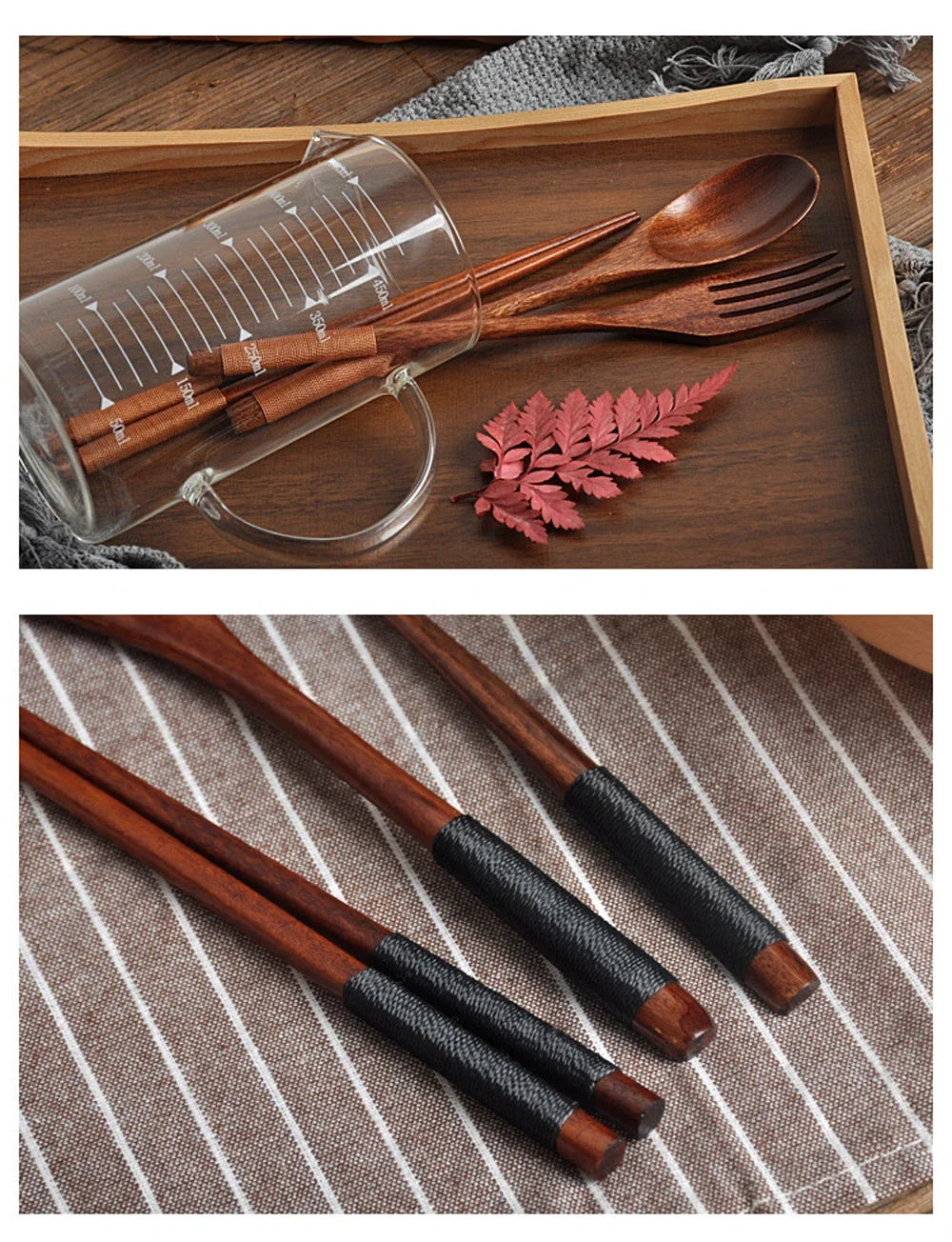 A set of natural wood dining utensils including a spoon, fork, knife, and chopsticks displayed on a wooden tray.